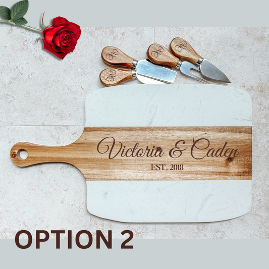 Marble & Acacia Wood Serving Board – 5 Piece Gift Set with Custom Engraving