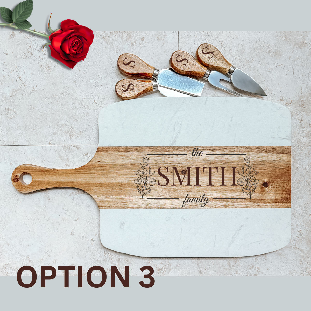 Marble & Acacia Wood Serving Board – 5 Piece Gift Set with Custom Engraving