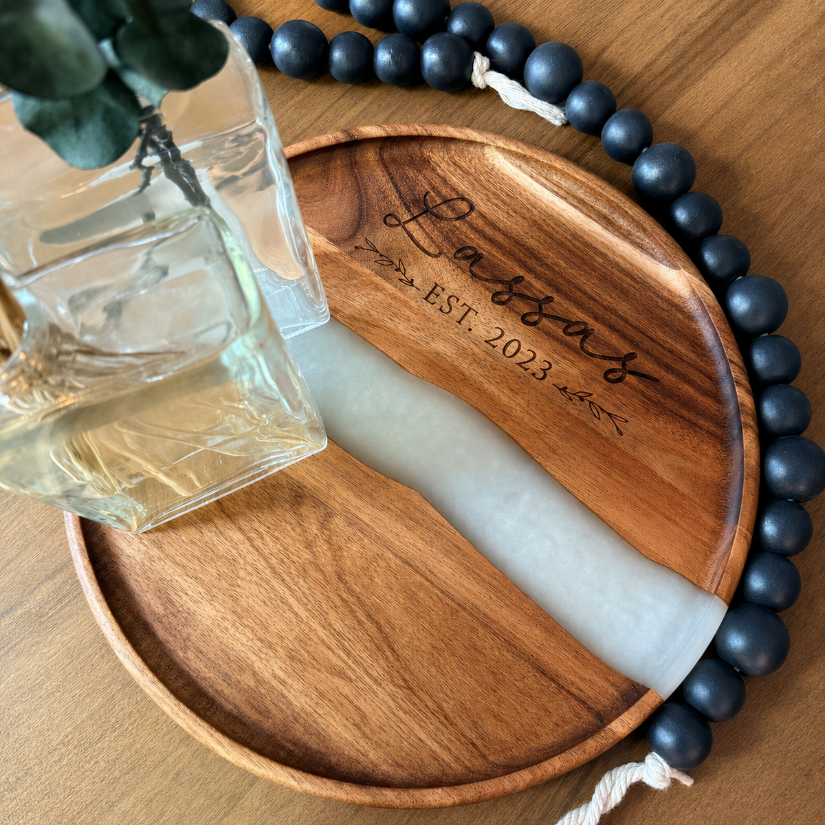 Personalized Acacia Wood & White Pearl Resin Serving Tray