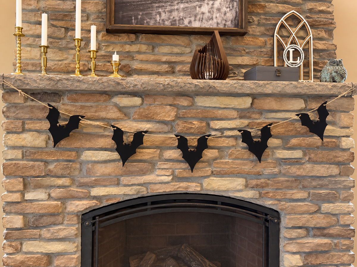Halloween Bat Garland - 6 Foot Black Wood Mantel Decor