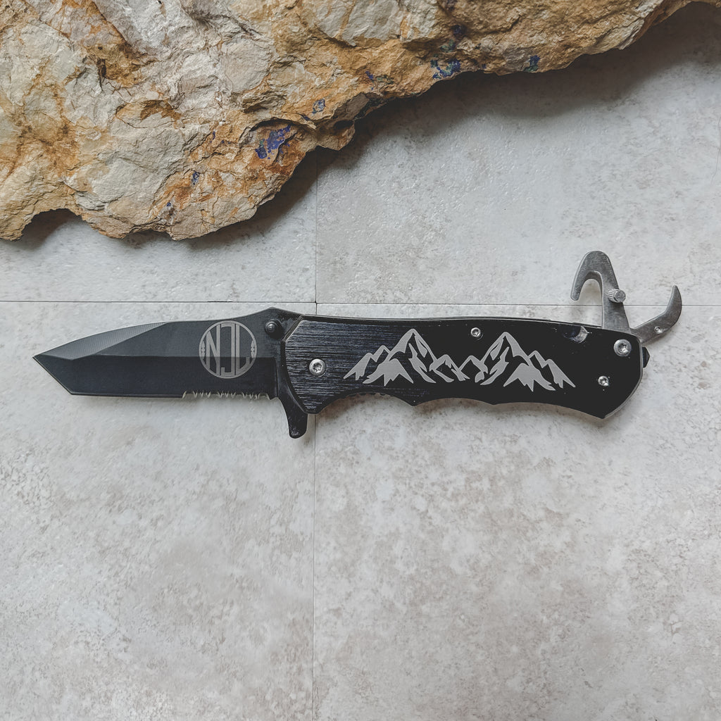 Engraved Black Stainless Steel Pocket Knife – Personalized Mountain Multi-Tool with Gift Box