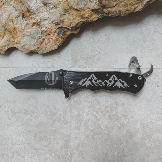 Engraved Black Stainless Steel Pocket Knife – Personalized Mountain Multi-Tool with Gift Box