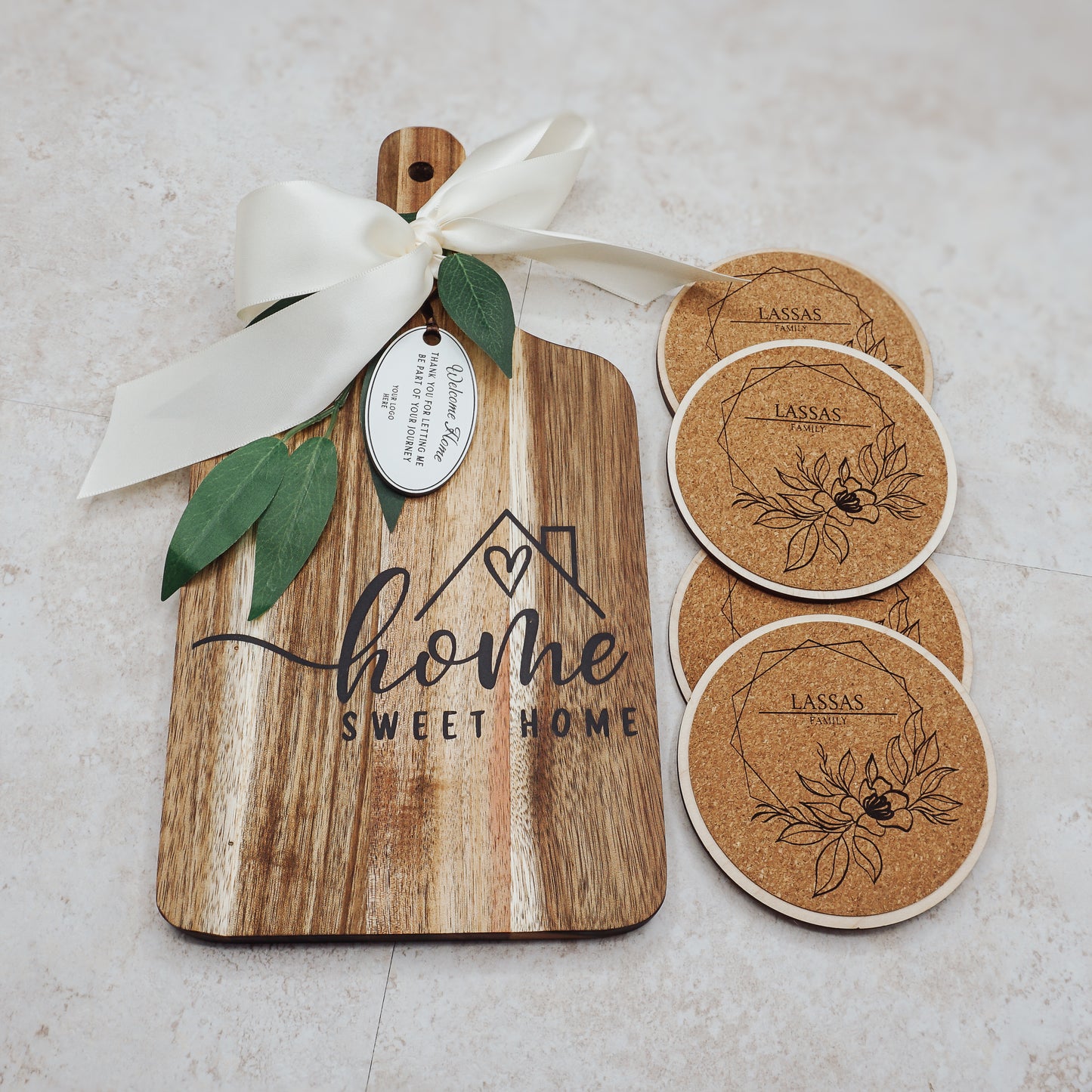 Personalized Housewarming Cutting Board & Coasters Gift Set | Realtor Closing Gift