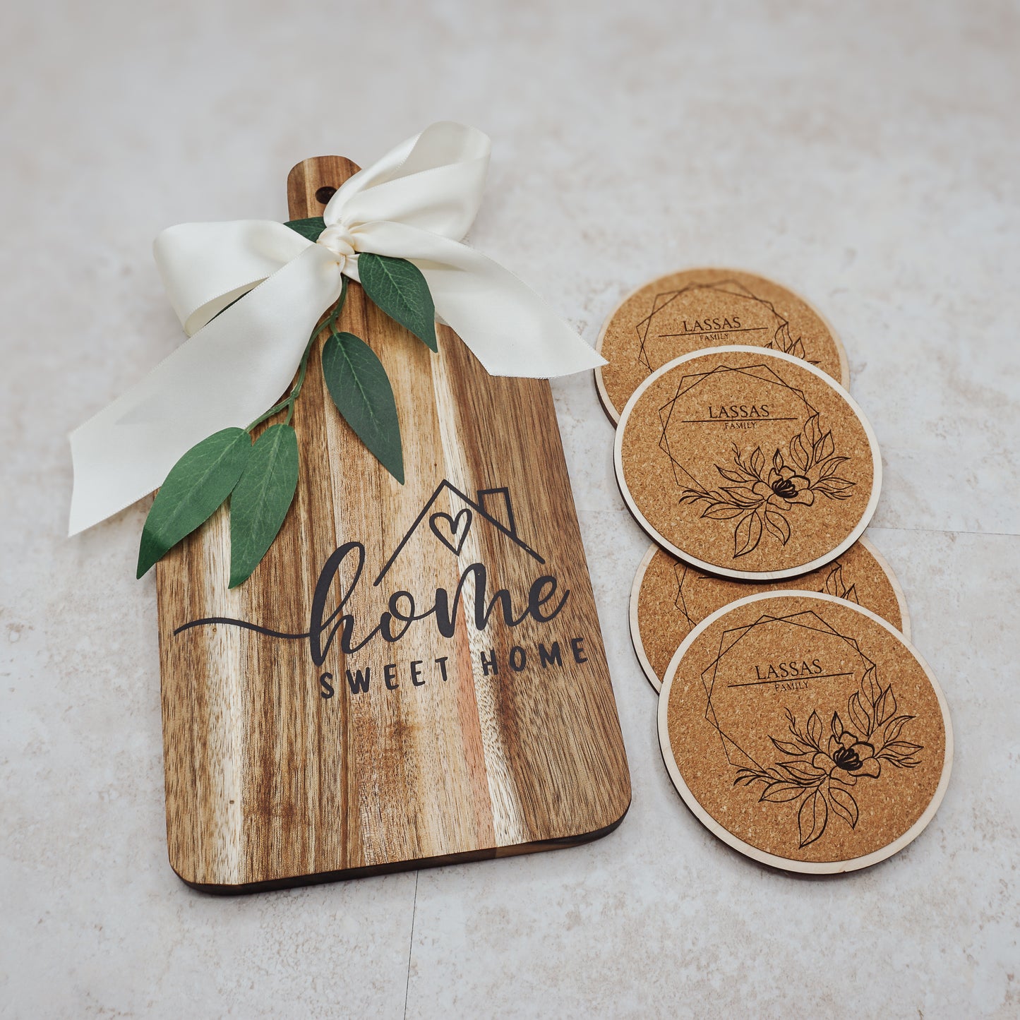 Personalized Housewarming Cutting Board & Coasters Gift Set | Realtor Closing Gift