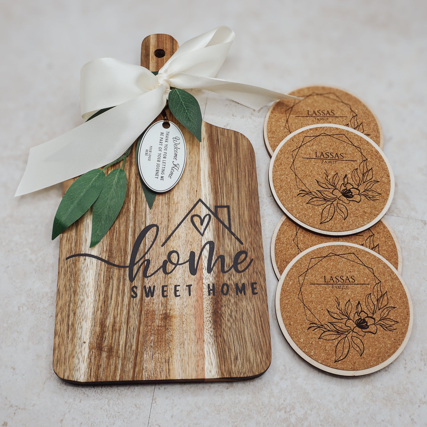 Personalized Housewarming Cutting Board & Coasters Gift Set | Realtor Closing Gift
