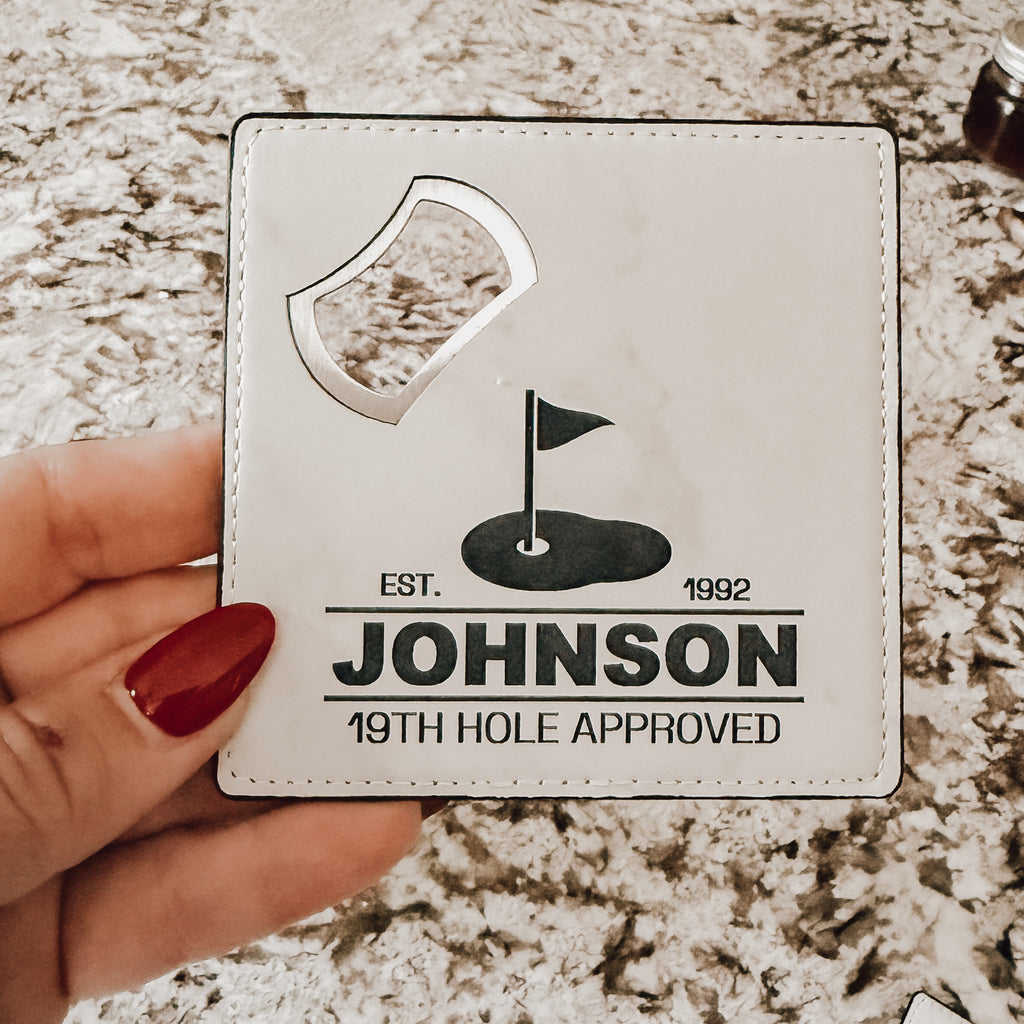 Personalized Leather Bottle Opener Coaster – 2-in-1 Custom Golf Gift for Men