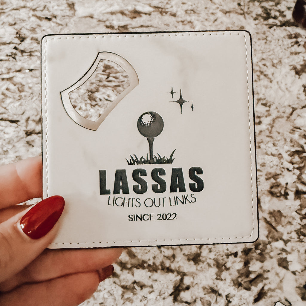 Personalized Leather Bottle Opener Coaster – 2-in-1 Custom Golf Gift for Men