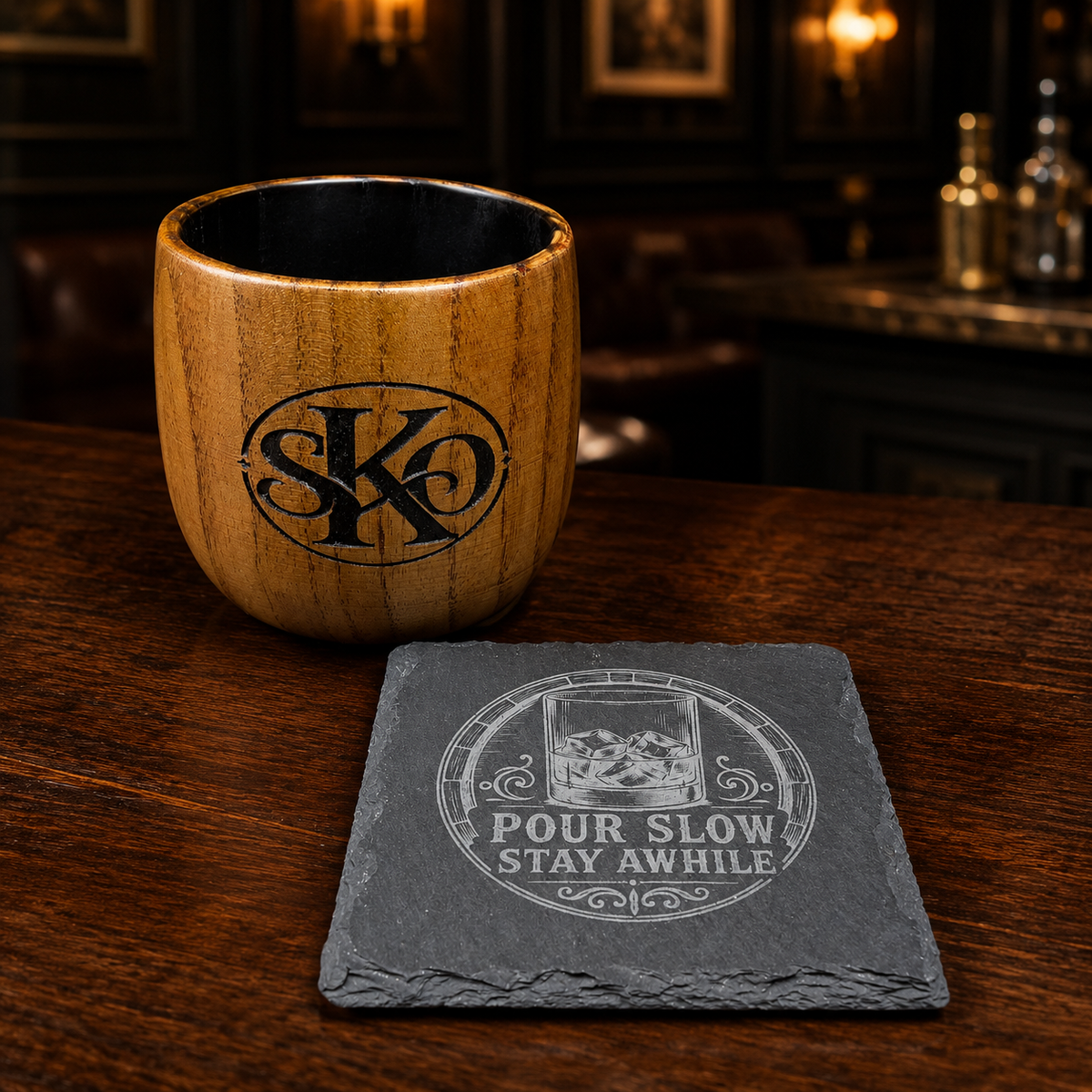 Personalized Charred Oak Whiskey Cup & Slate Coaster Gift Set