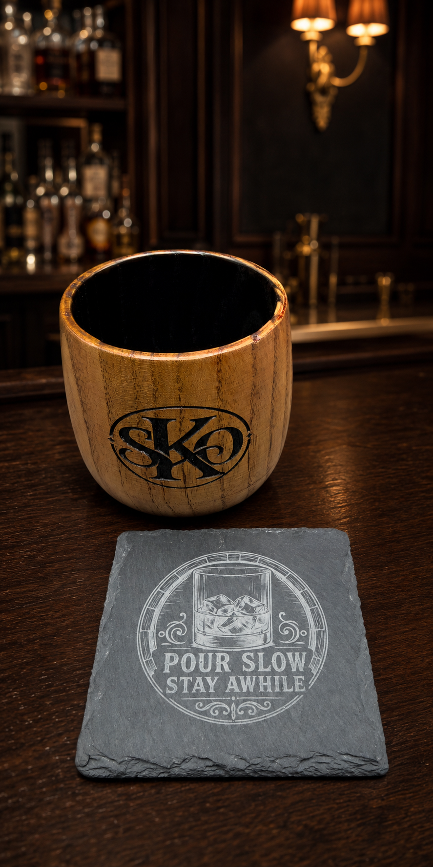 Personalized Charred Oak Whiskey Cup & Slate Coaster Gift Set