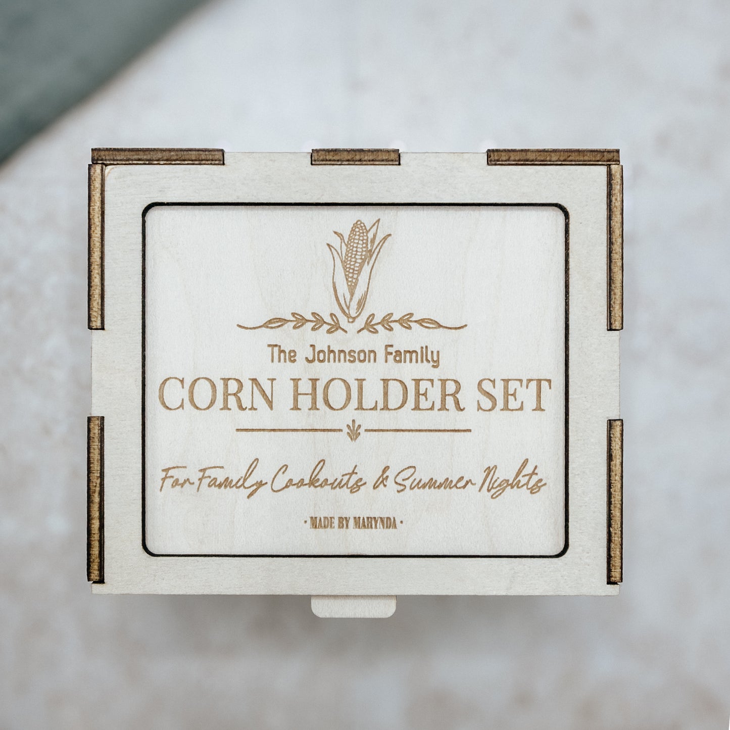 Personalized Maple Corn Holders 4 or 8 Piece Set | Engraved Keepsake Box