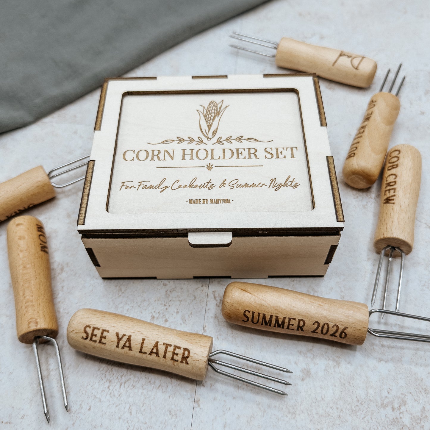 Personalized Maple Corn Holders 4 or 8 Piece Set | Engraved Keepsake Box