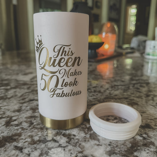"This Queen Makes 50 Look Fabulous" Slim Can Cooler – 12oz
