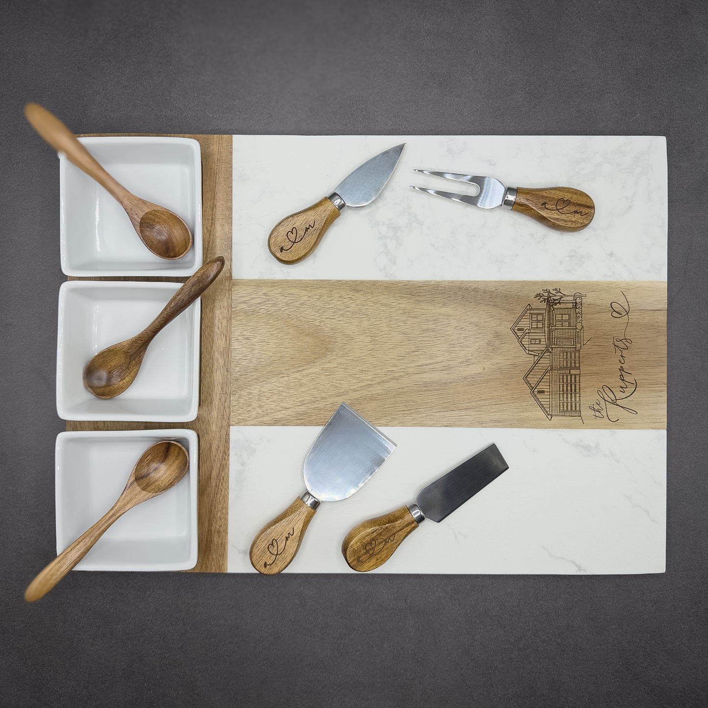 Realtor Closing Gift | Personalized Marble & Acacia Wood Charcuterie Board Set – 11 Piece