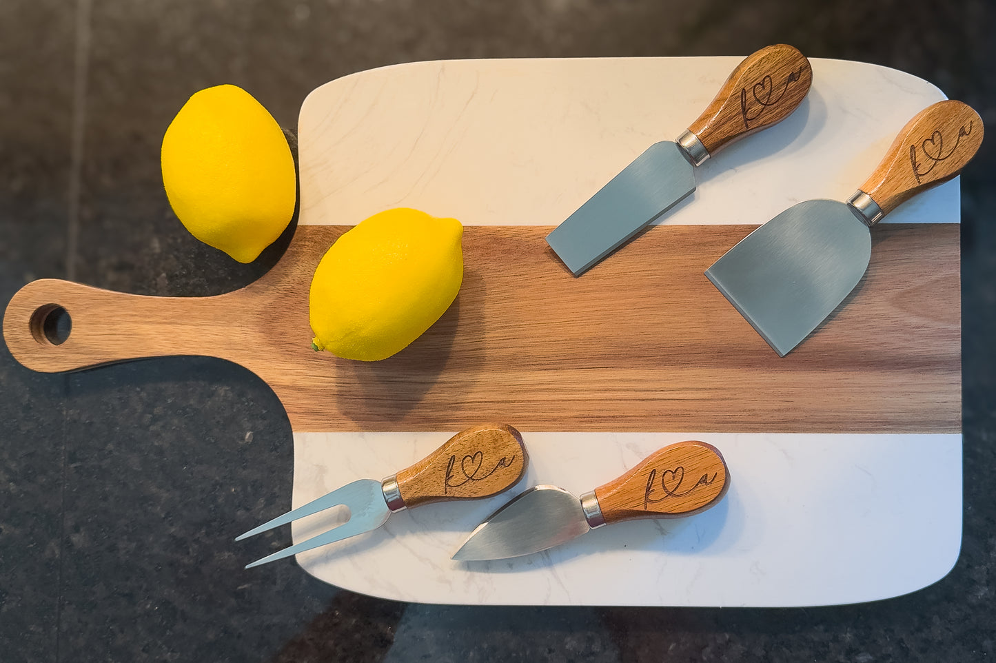 Personalized Marble & Wood Charcuterie Board Gift Set – 5 Piece Serving Set