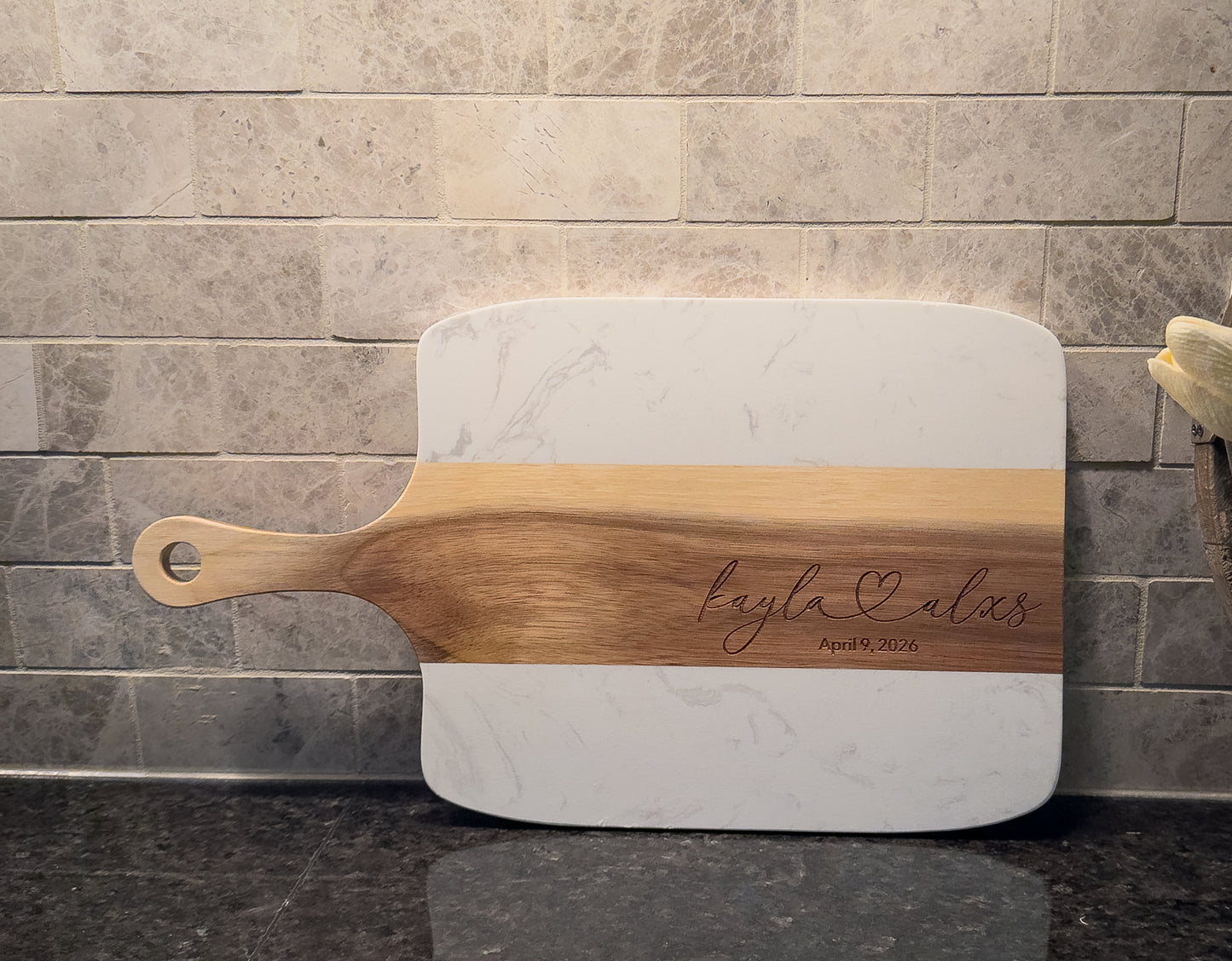Personalized Marble & Wood Charcuterie Board Gift Set – 5 Piece Serving Set