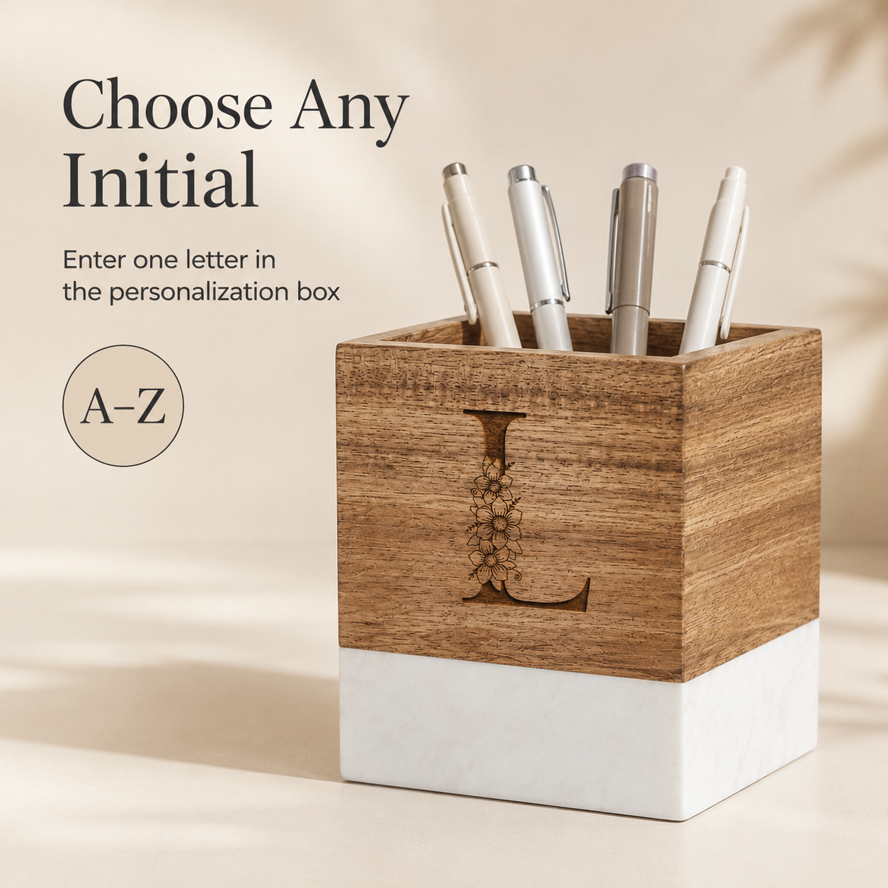 Personalized Floral Initial Pencil Holder | Marble & Wood