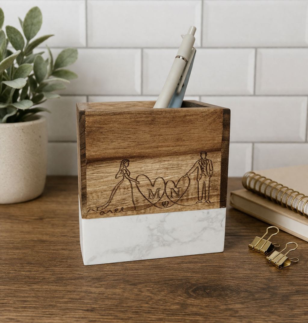Personalized Wedding Gift – Engraved Marble & Wood Pencil Holder