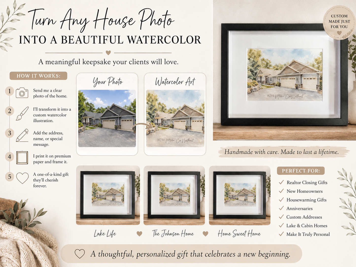 Personalized Watercolor Home Portrait | Framed House Illustration Gift