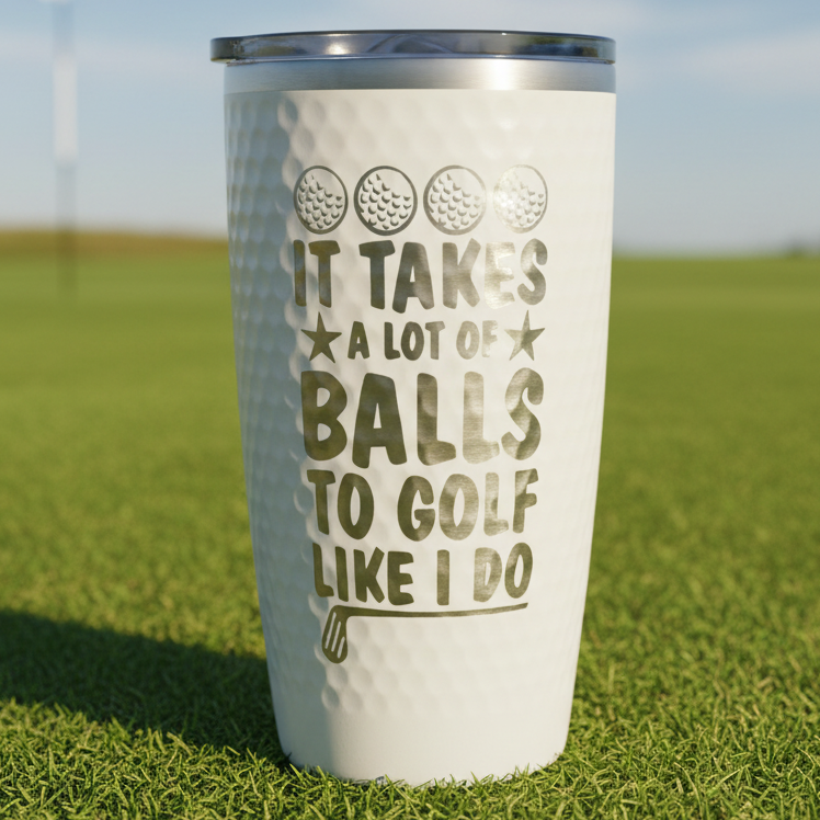 White tumbler with golf-themed text and graphics on a white background