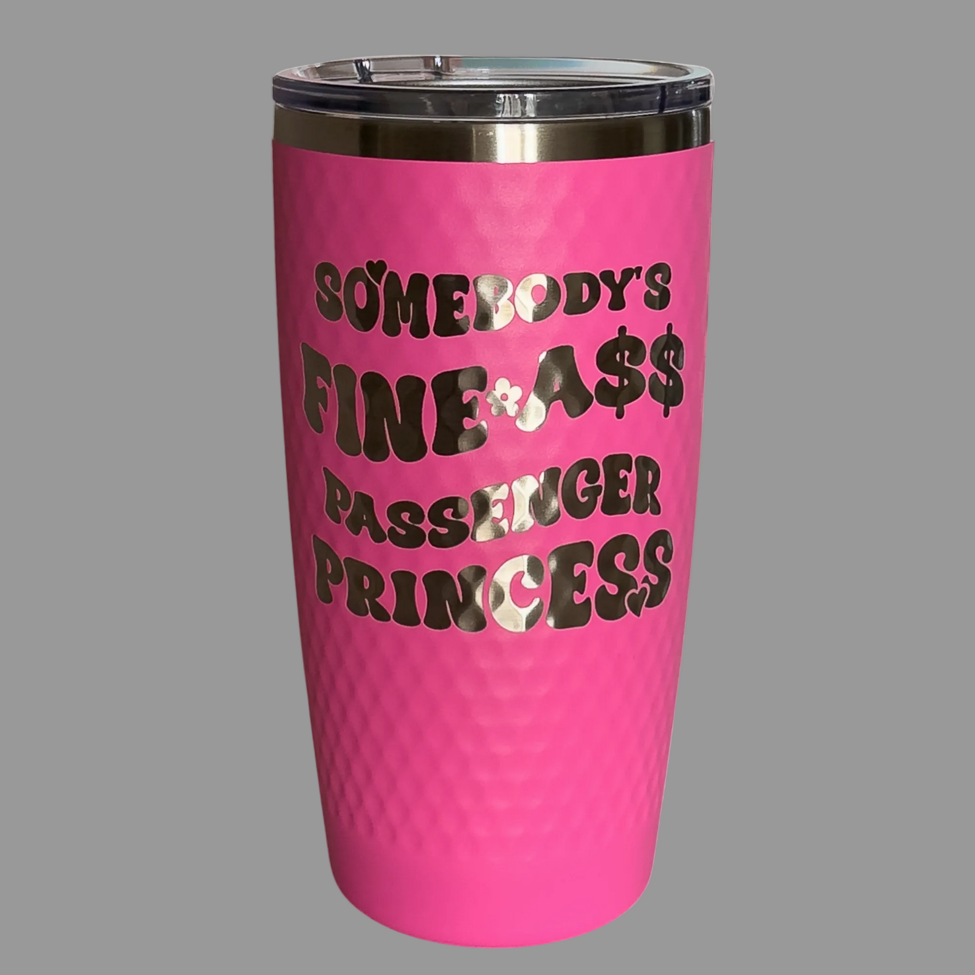 Pink tumbler with text design on a white background