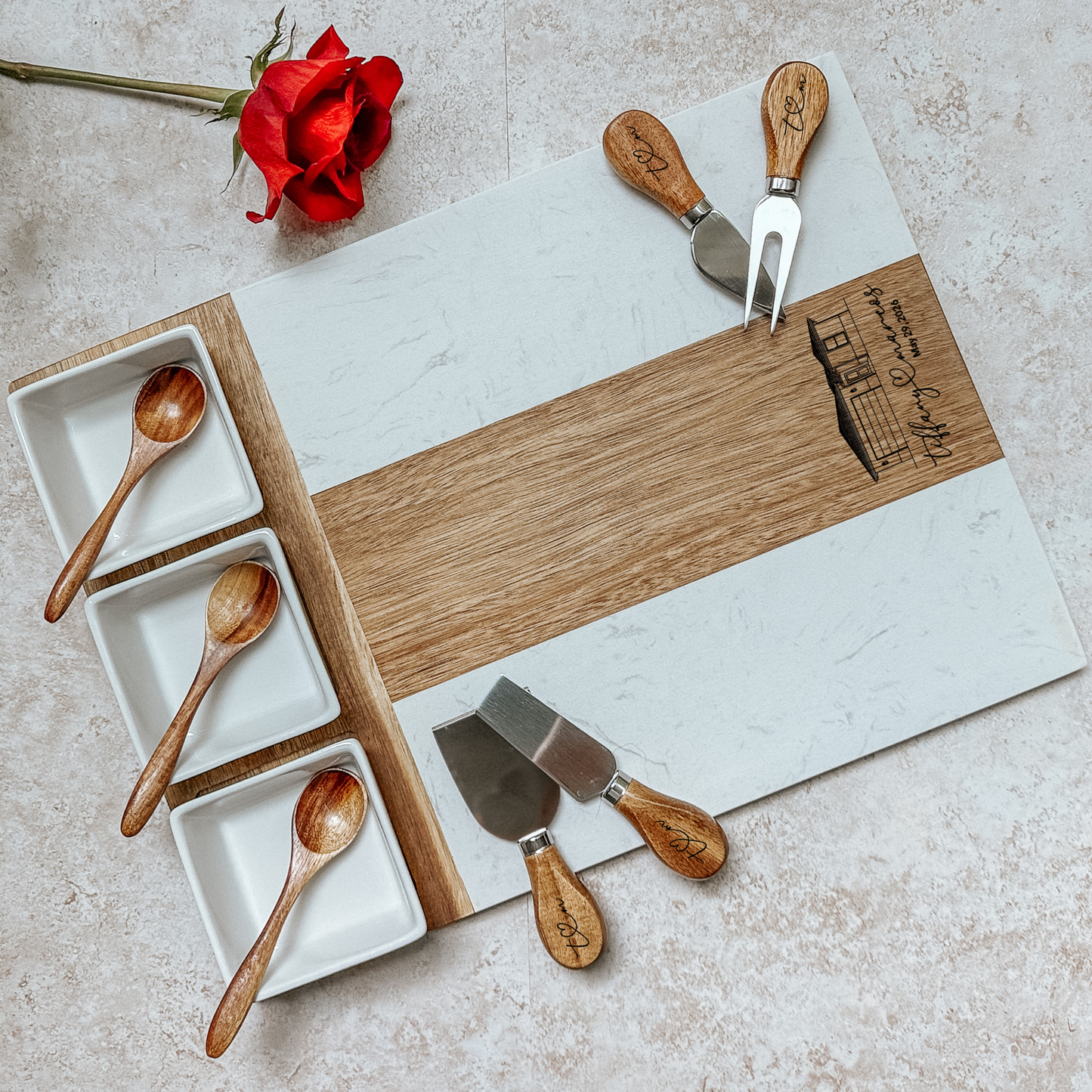 Personalized Marble & Acacia Wood - 11 Piece Charcuterie Board Set