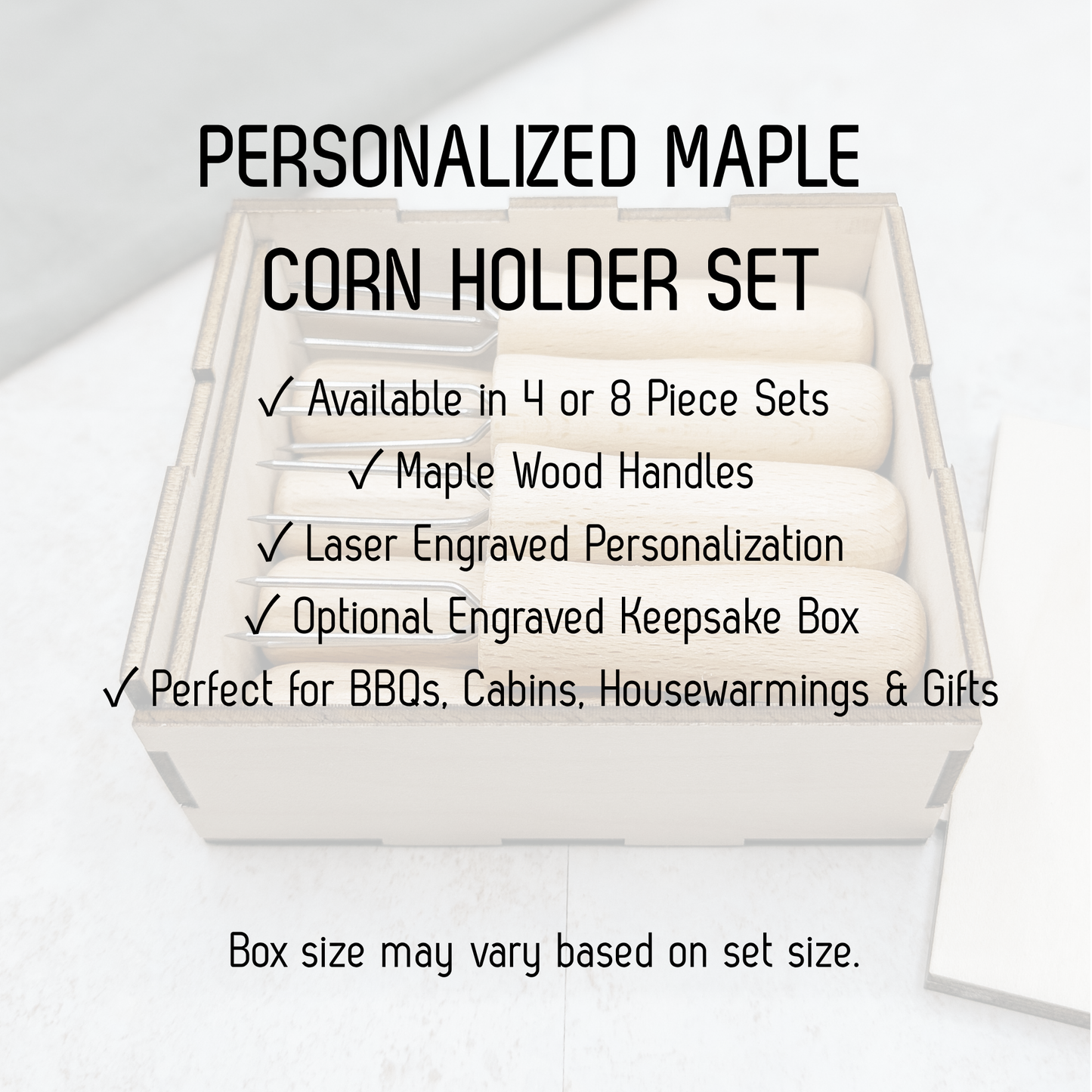 Personalized Maple Corn Holders 4 or 8 Piece Set | Engraved Keepsake Box