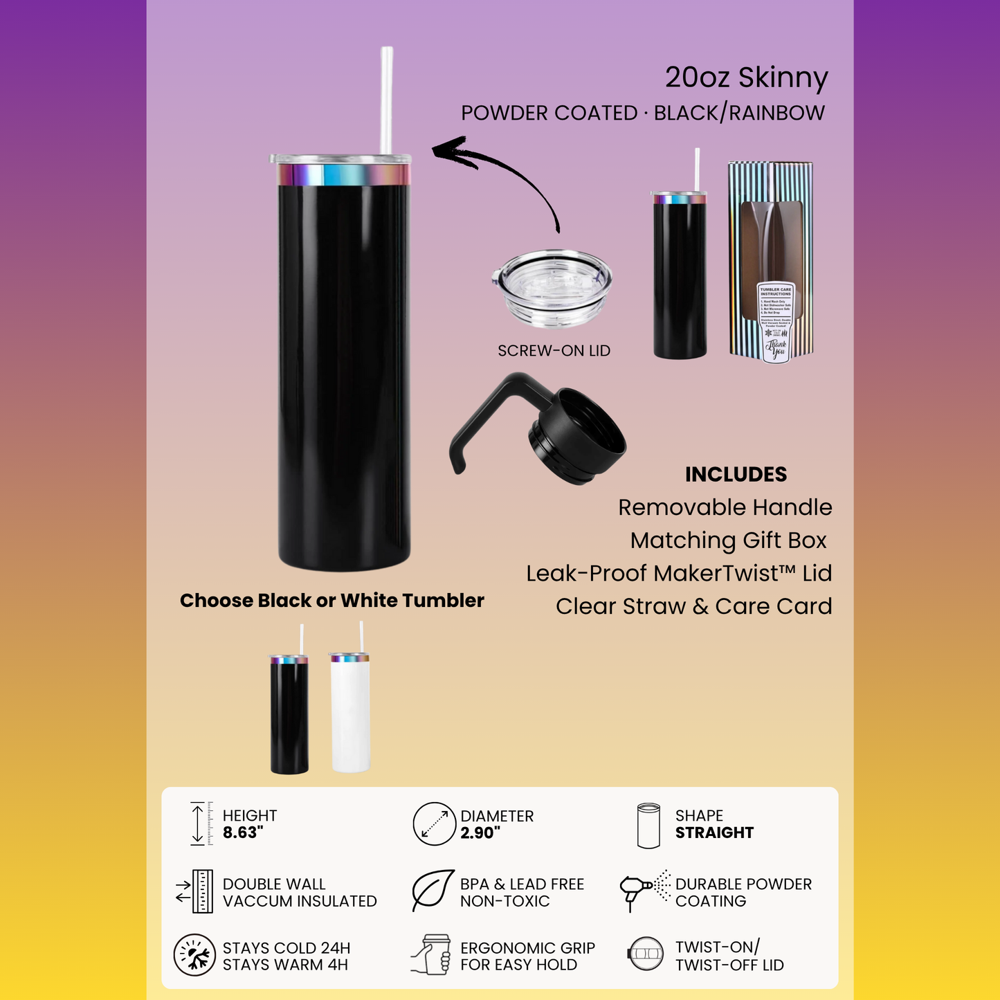 Personalized 20 oz Electroplated Skinny Tumbler with Removable Handle
