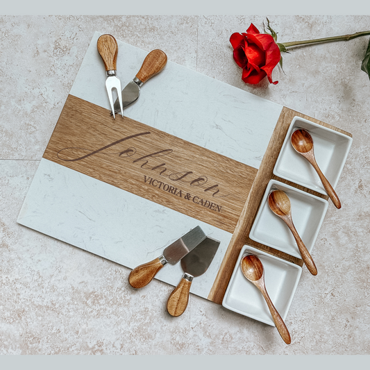 Personalized Marble & Acacia Charcuterie Board Set