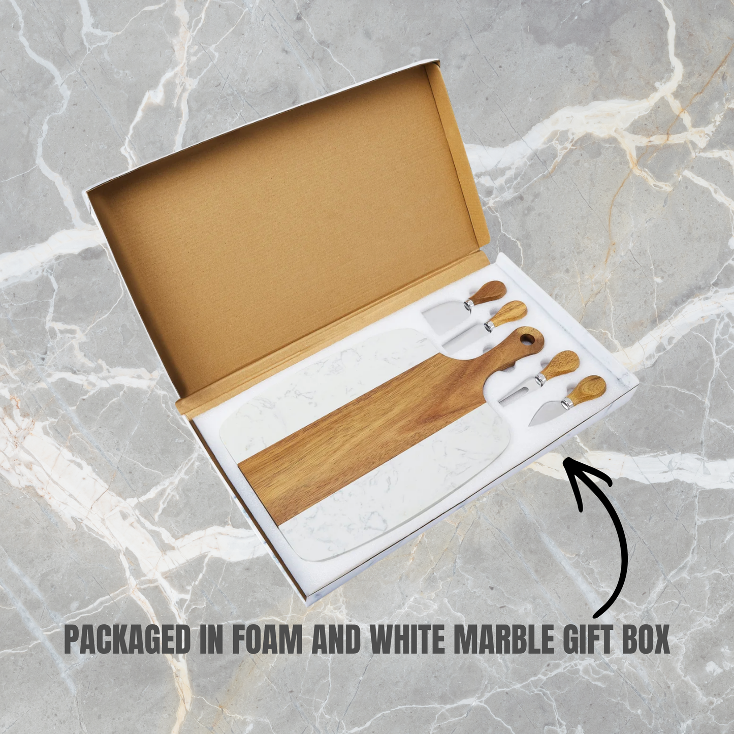 Personalized Marble & Wood Charcuterie Board Gift Set – 5 Piece Serving Set
