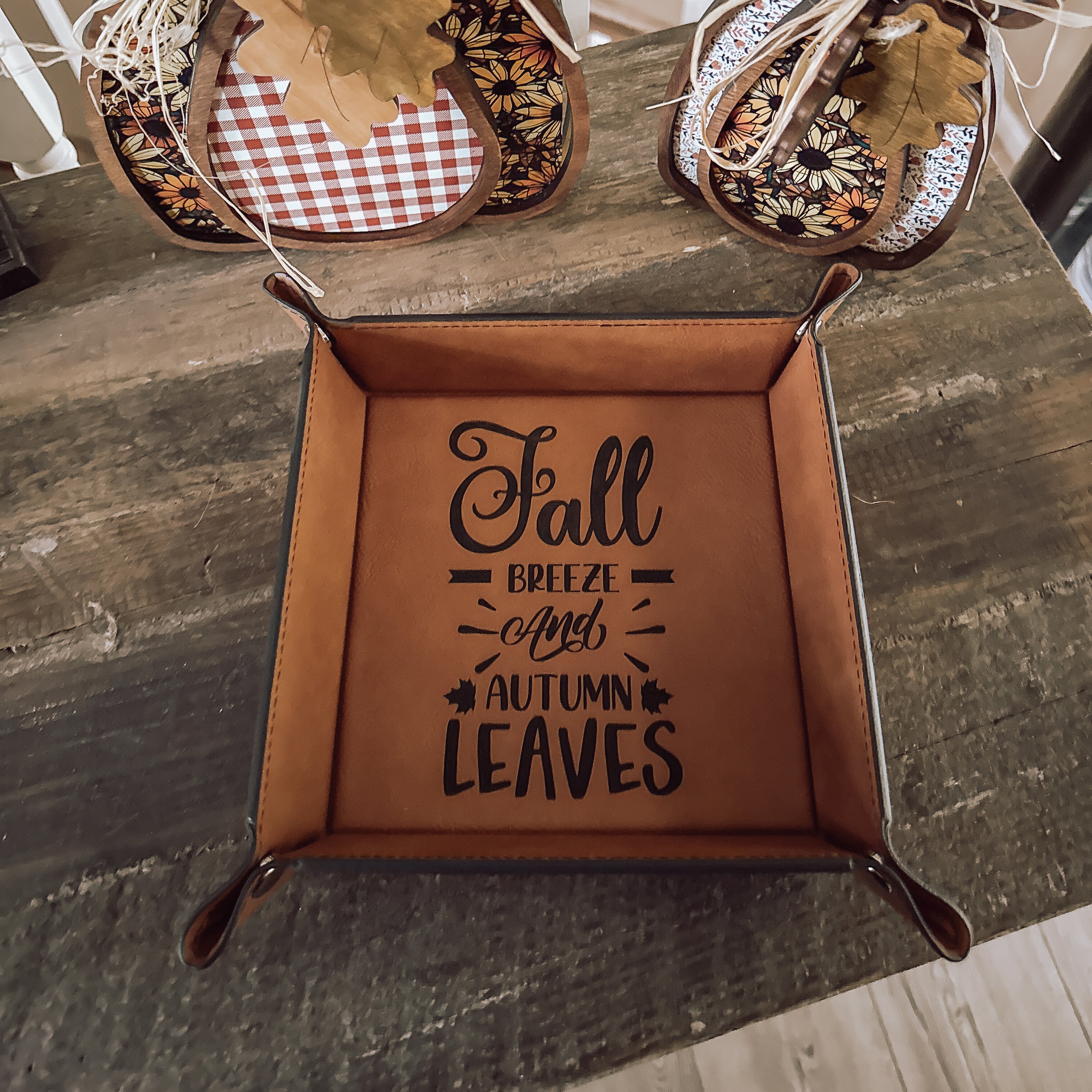 Fall Catch-All Tray with Autumn Leaves Quote – Faux Leather Decorative Storage for Keys, Jewelry, or Entryway
