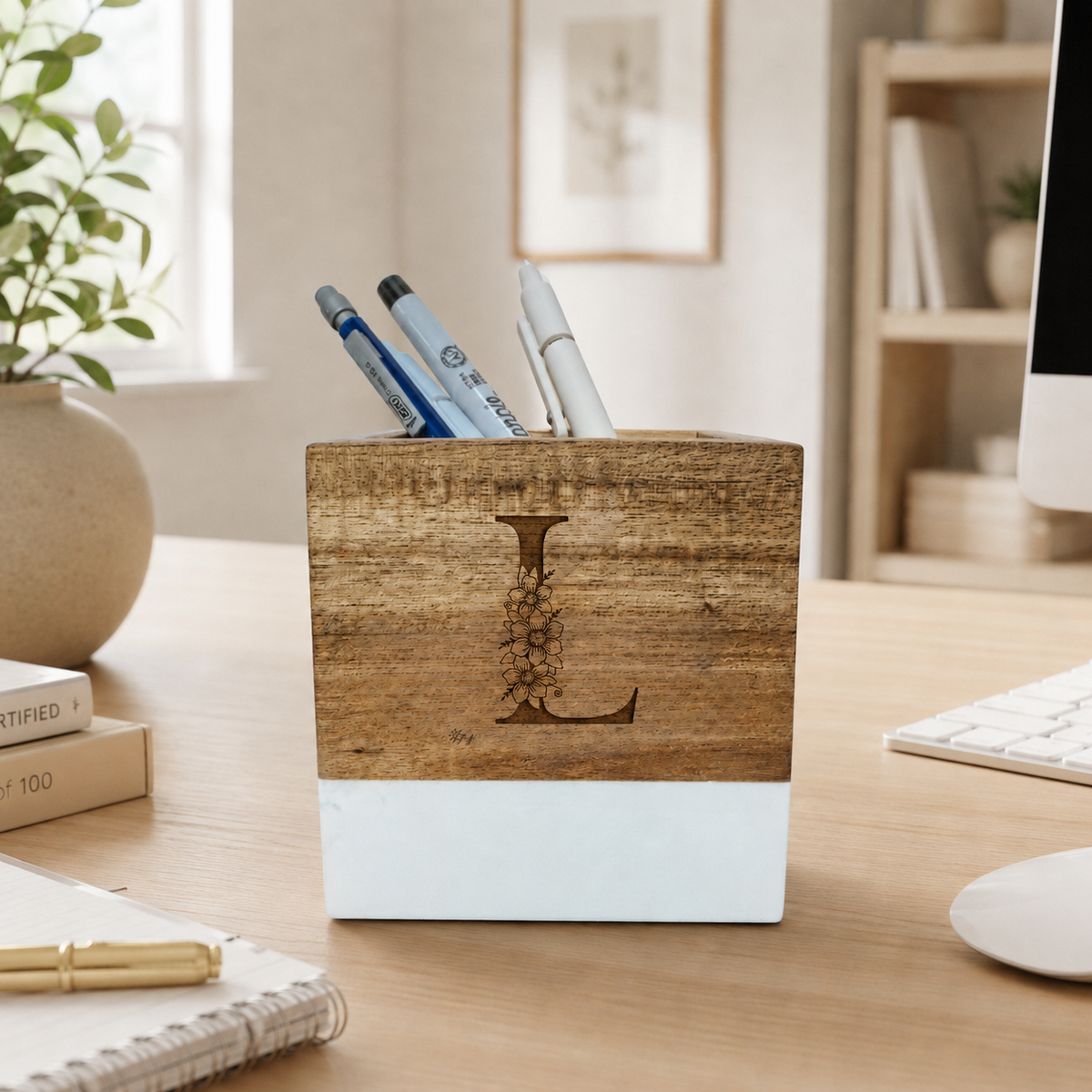 Personalized Floral Initial Pencil Holder | Marble & Wood