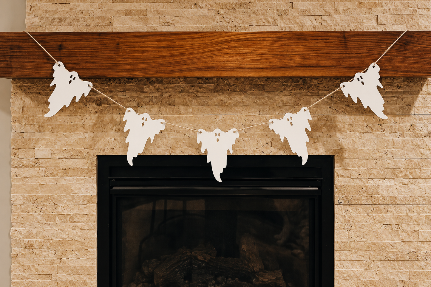 Halloween Ghost Garland – 6 Foot White Wood Mantel Decor
