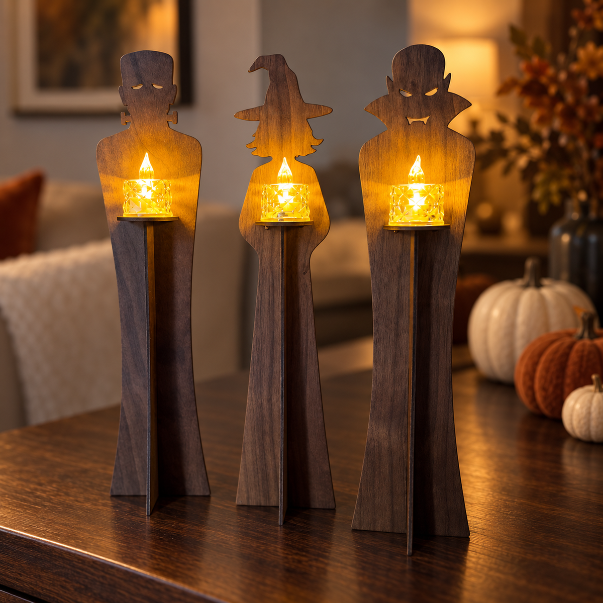 Halloween LED Tealight Holders – Walnut Witch, Vampire & Monster Set