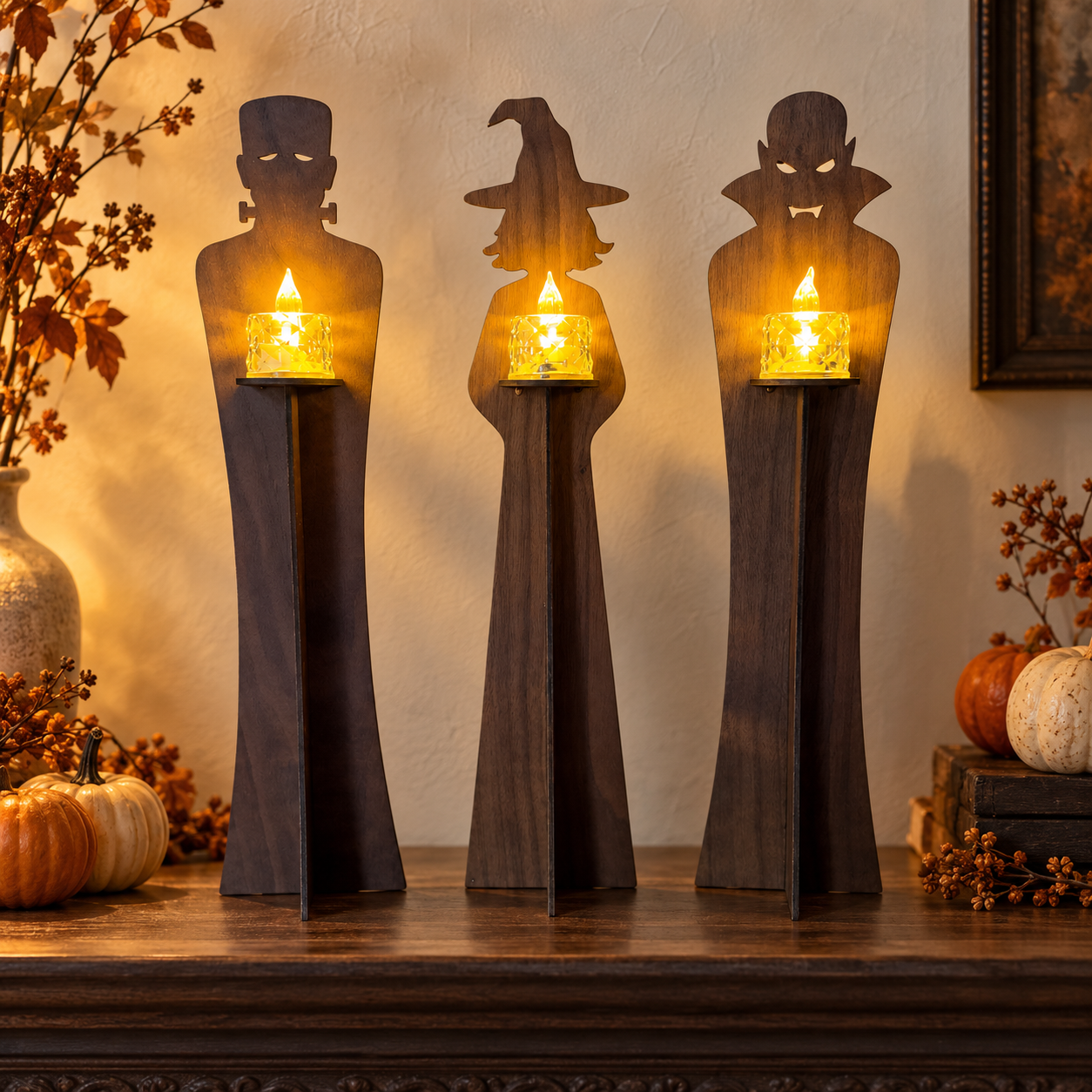 Halloween LED Tealight Holders – Walnut Witch, Vampire & Monster Set