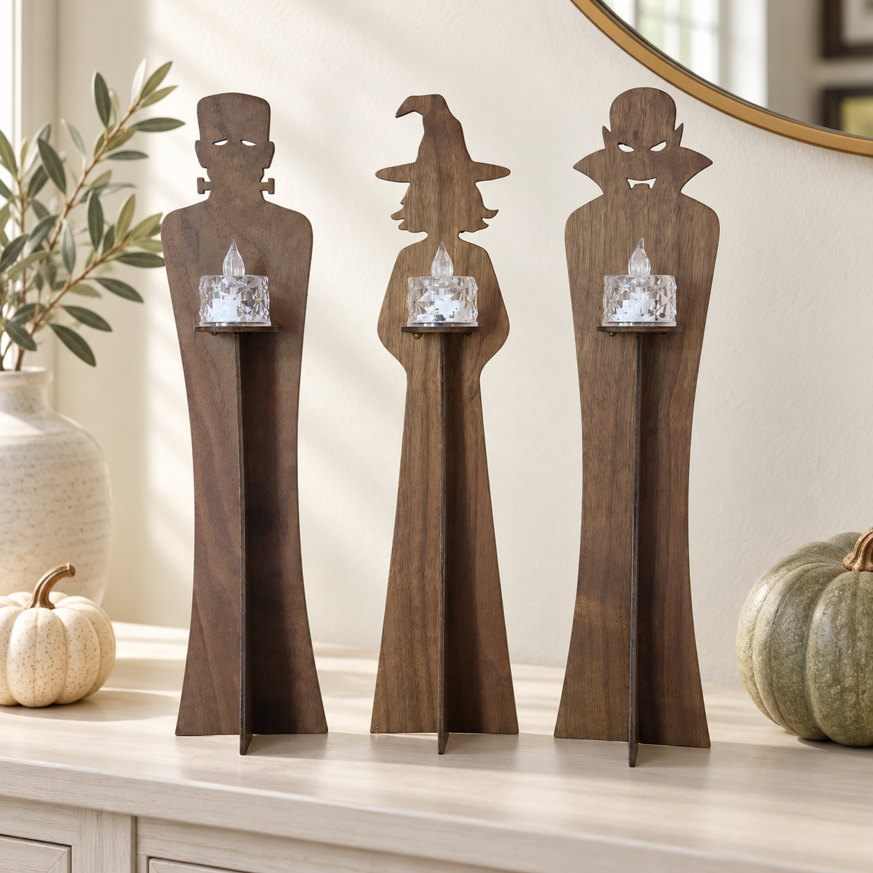 Halloween LED Tealight Holders – Walnut Witch, Vampire & Monster Set