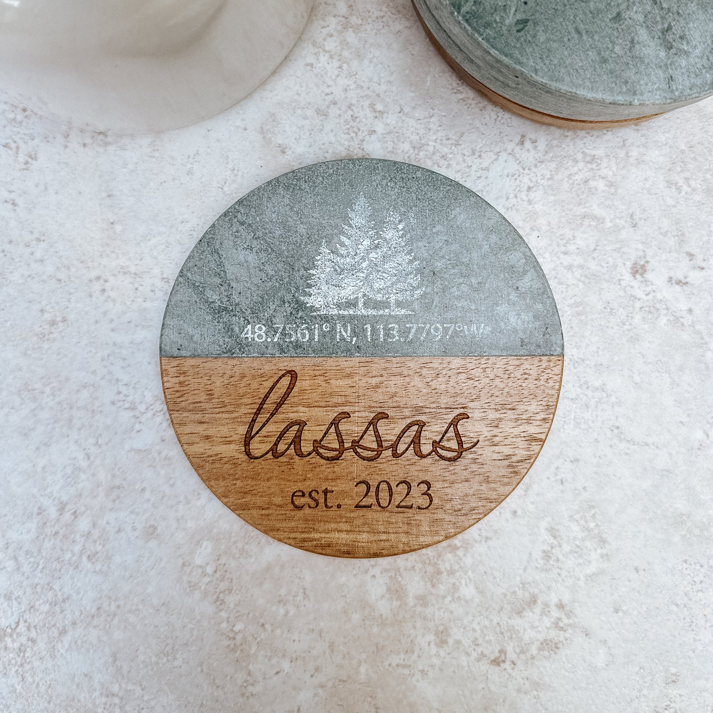 Custom Family Name & Coordinates Coaster Set – Engraved Marble & Wood