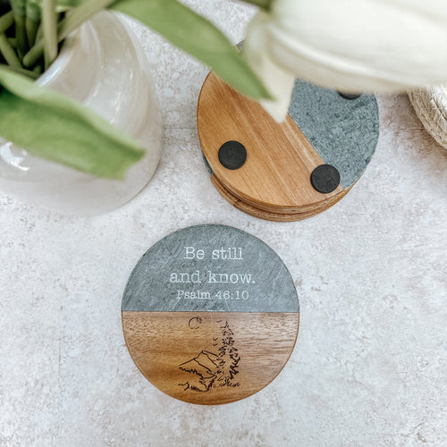 Be Still and Know Coaster Set – Engraved Marble & Wood (Psalm 46:10)