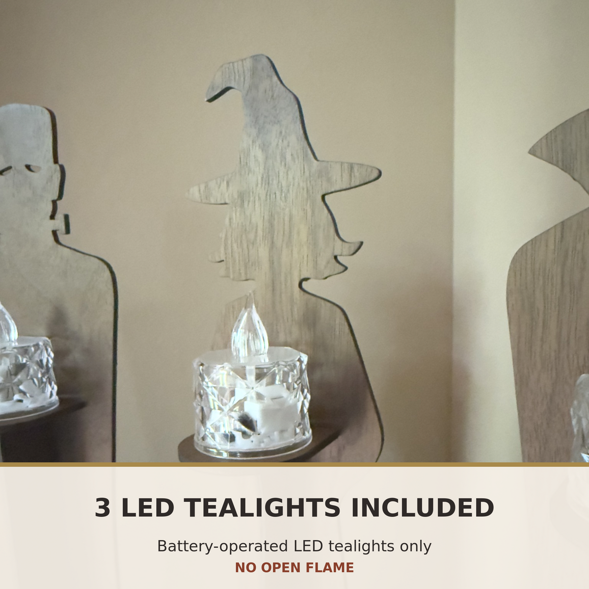 Halloween LED Tealight Holders – Walnut Witch, Vampire & Monster Set