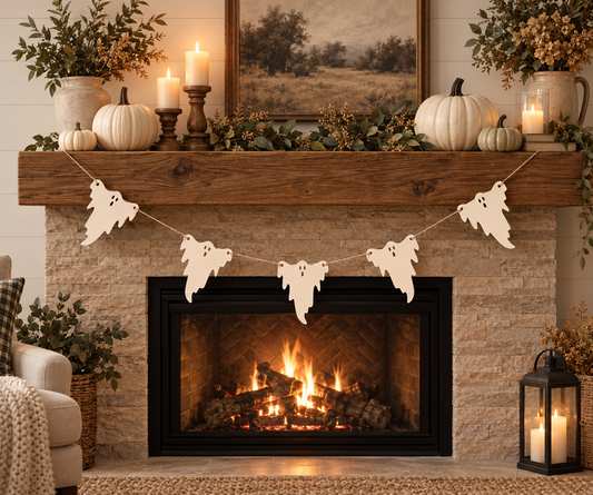 Halloween Ghost Garland – 6 Foot White Wood Mantel Decor