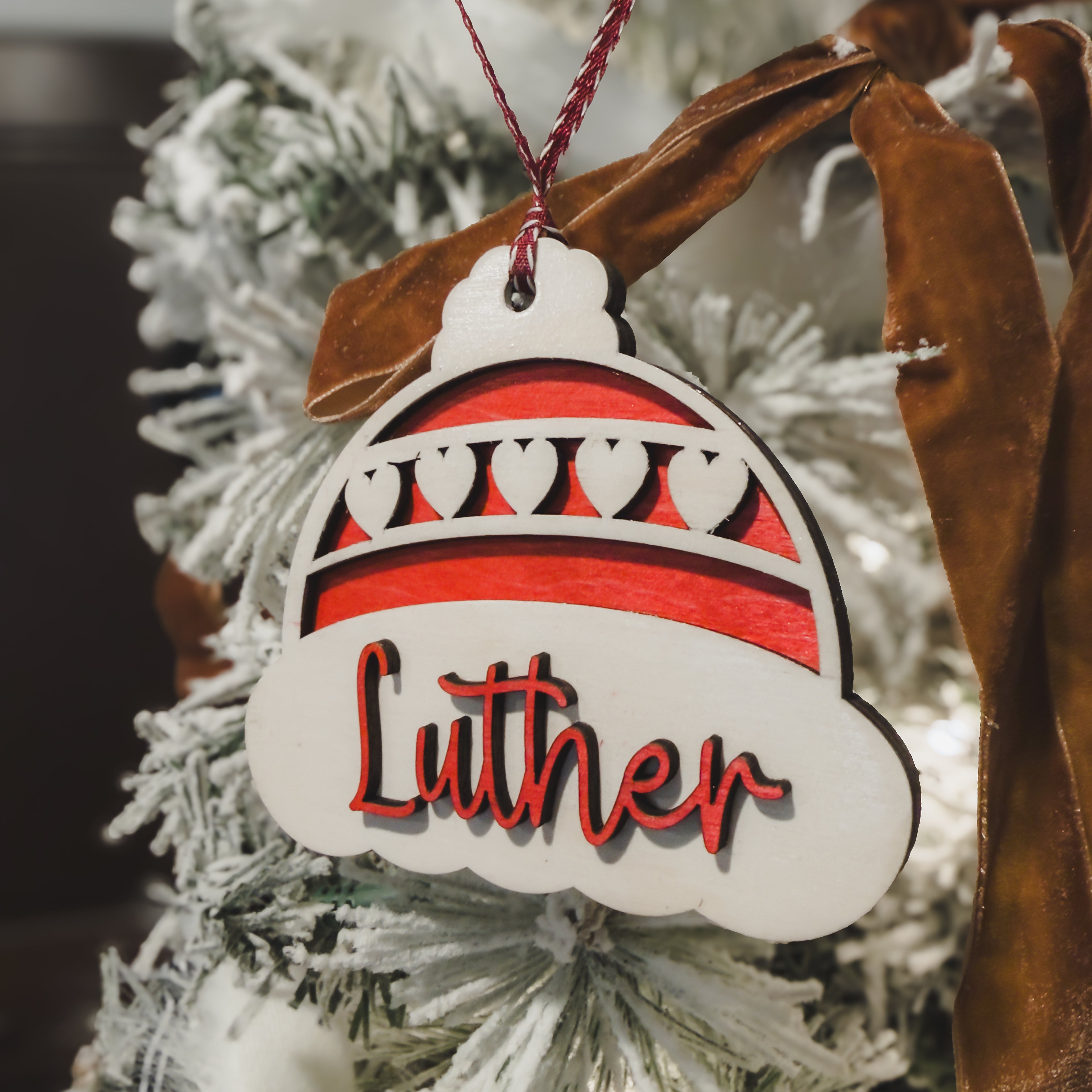 Personalized Winter Hat Name Tag – Layered Wood Christmas Gift Tag