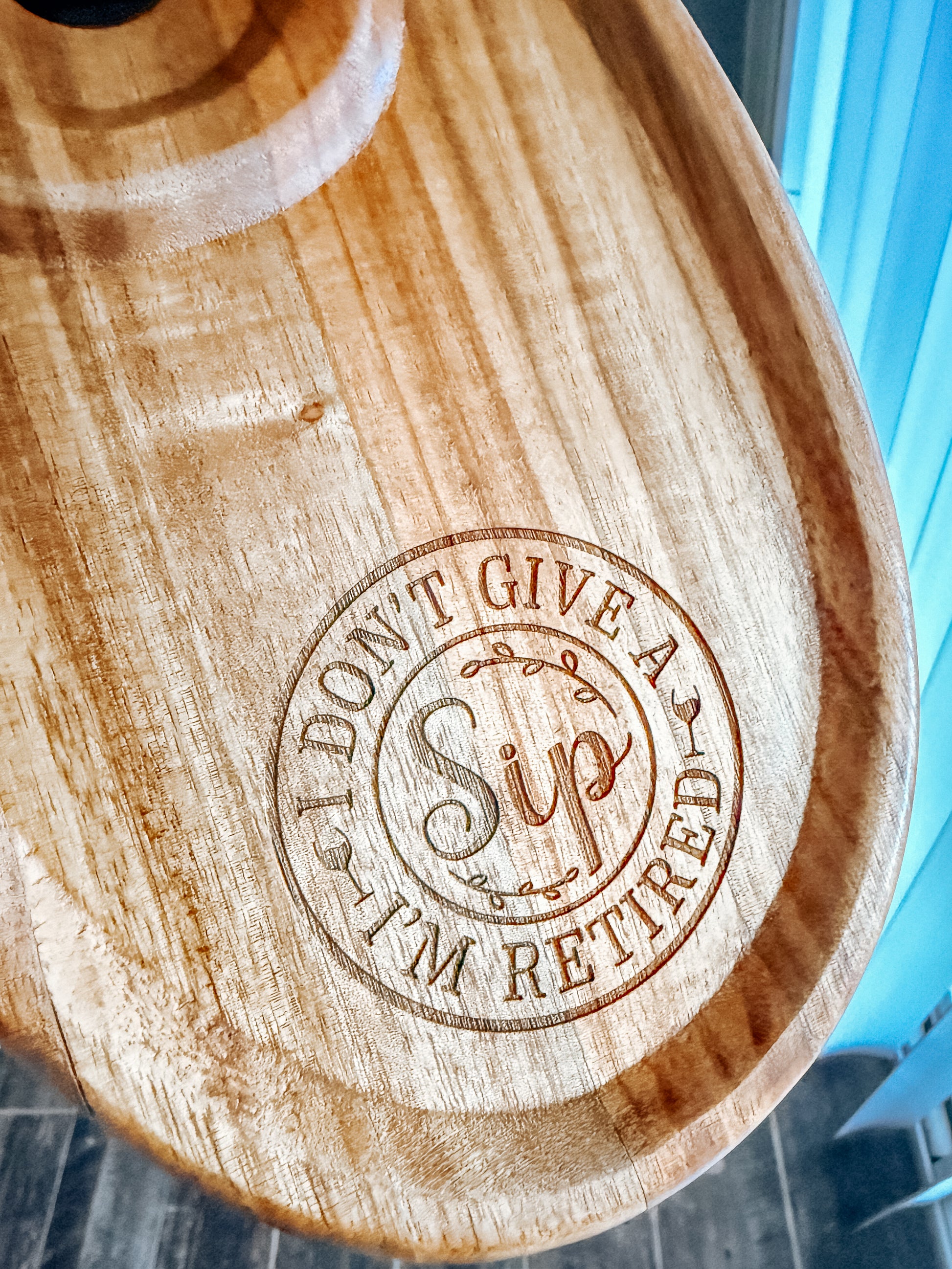 Wooden coaster with 'I don't give a sip, I'm retired' engraving