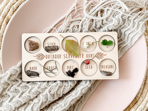 Children’s Outdoor Scavenger Hunt Game | Wooden Nature Activity Toy | Maple Wood Learning Board