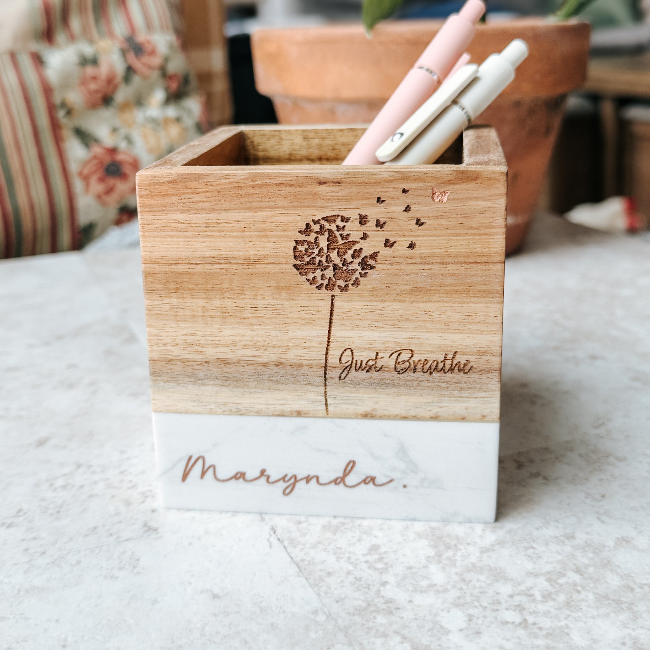 Personalized Marble & Wood Pencil Holder with Copper-Filled Engraving