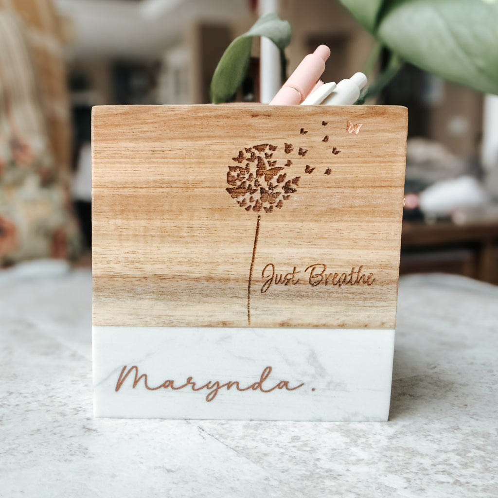 Personalized Marble & Wood Pencil Holder with Copper-Filled Engraving