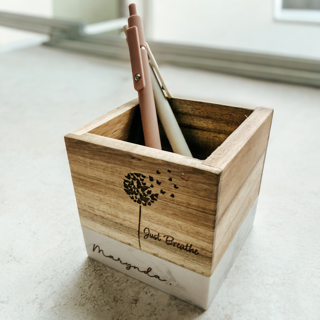 Personalized Marble & Wood Pencil Holder with Copper-Filled Engraving