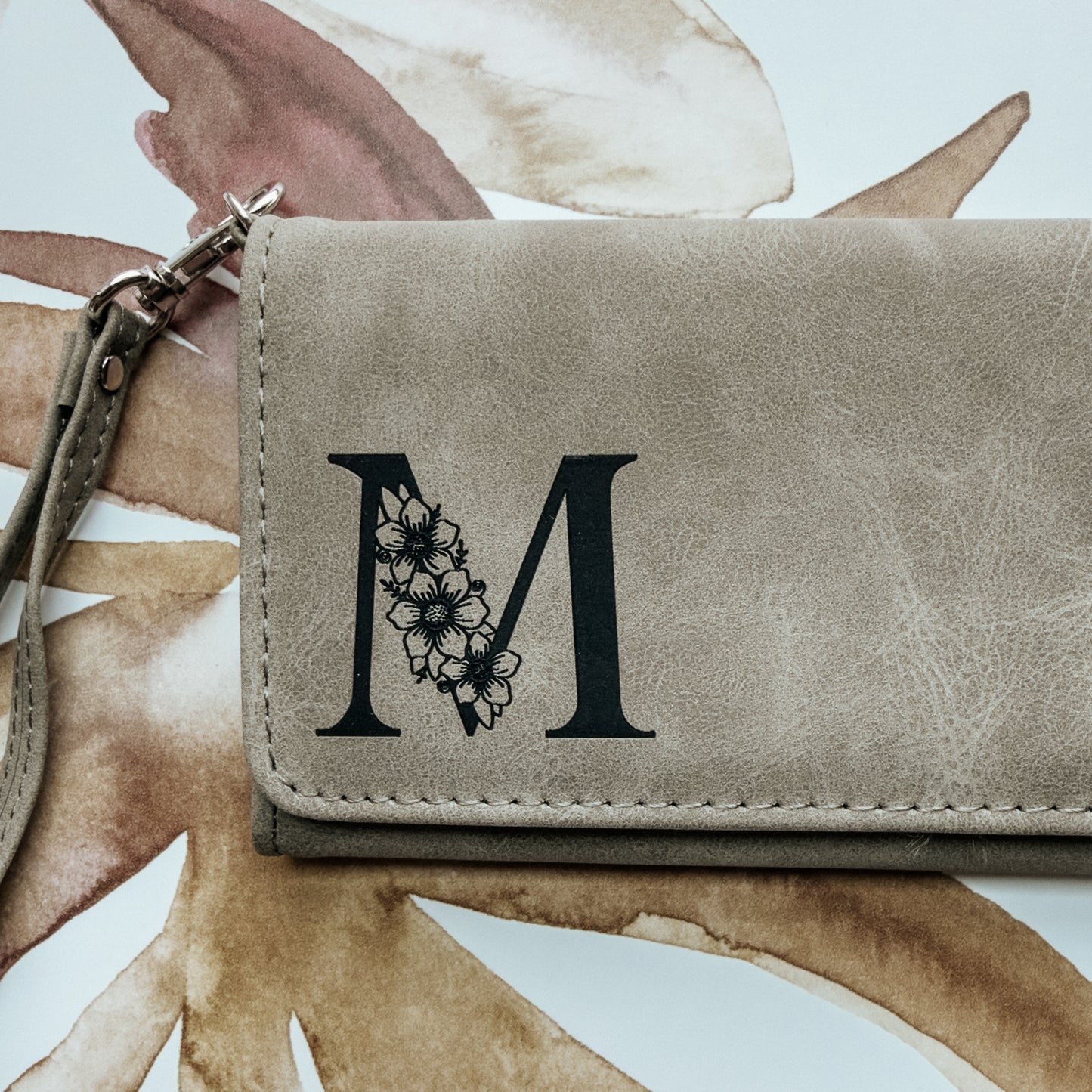 Personalized Floral Initial Wallet Wristlet – RFID Leatherette Wallet with Strap