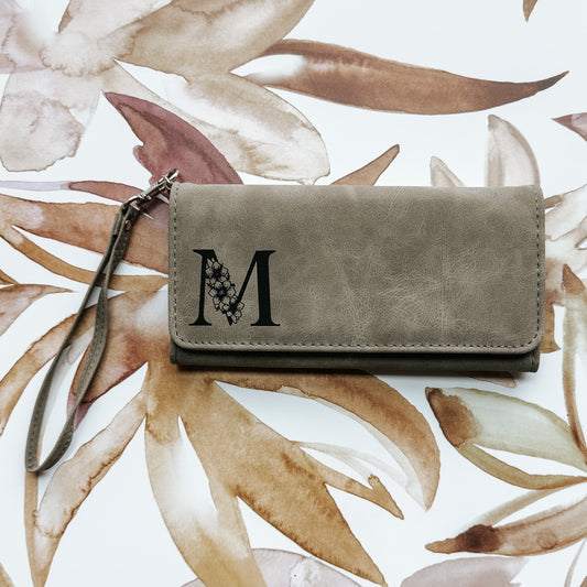 Personalized Floral Initial Wallet Wristlet – RFID Leatherette Wallet with Strap