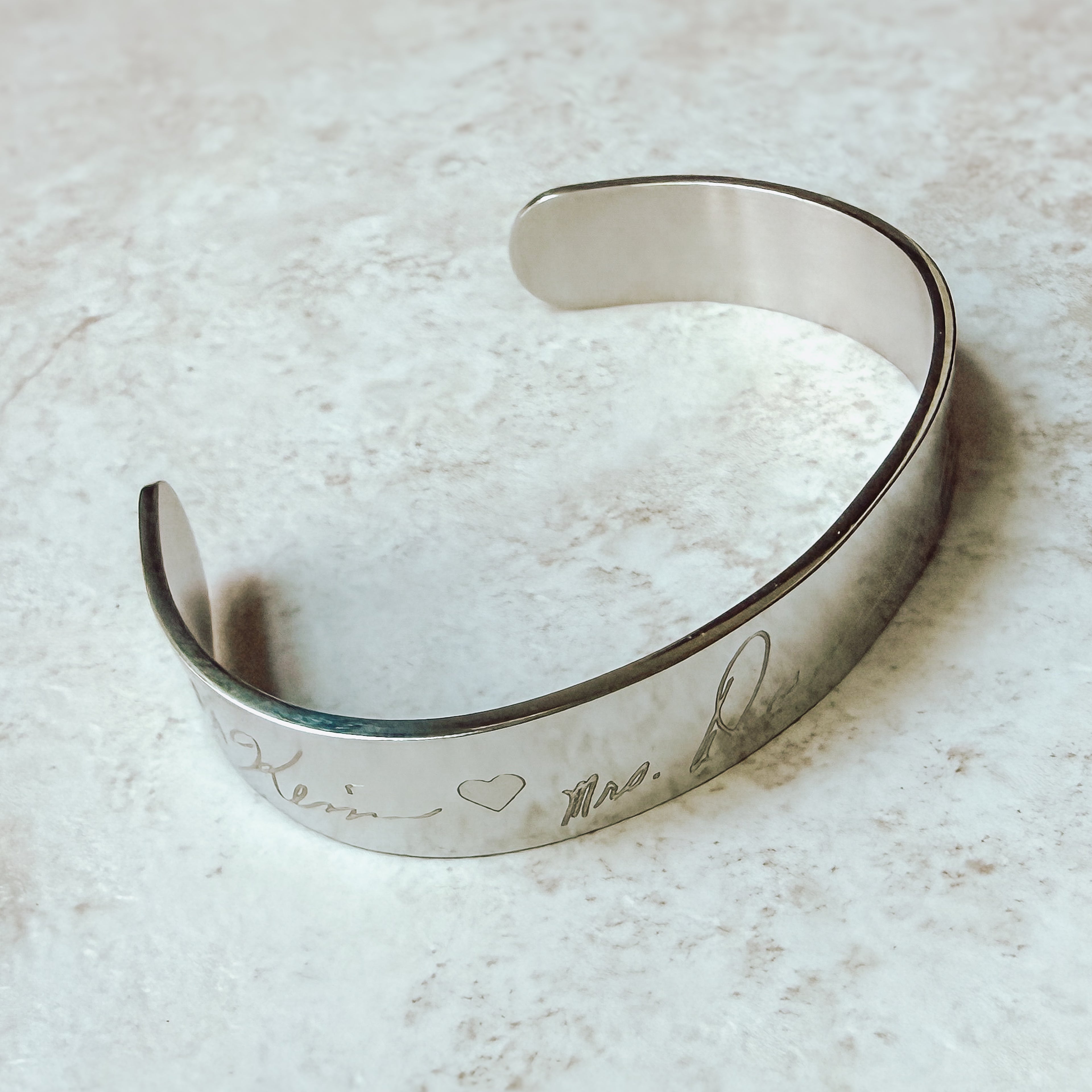 Engraved Handwriting Stainless Steel Cuff Bracelet – Custom Signature Keepsake