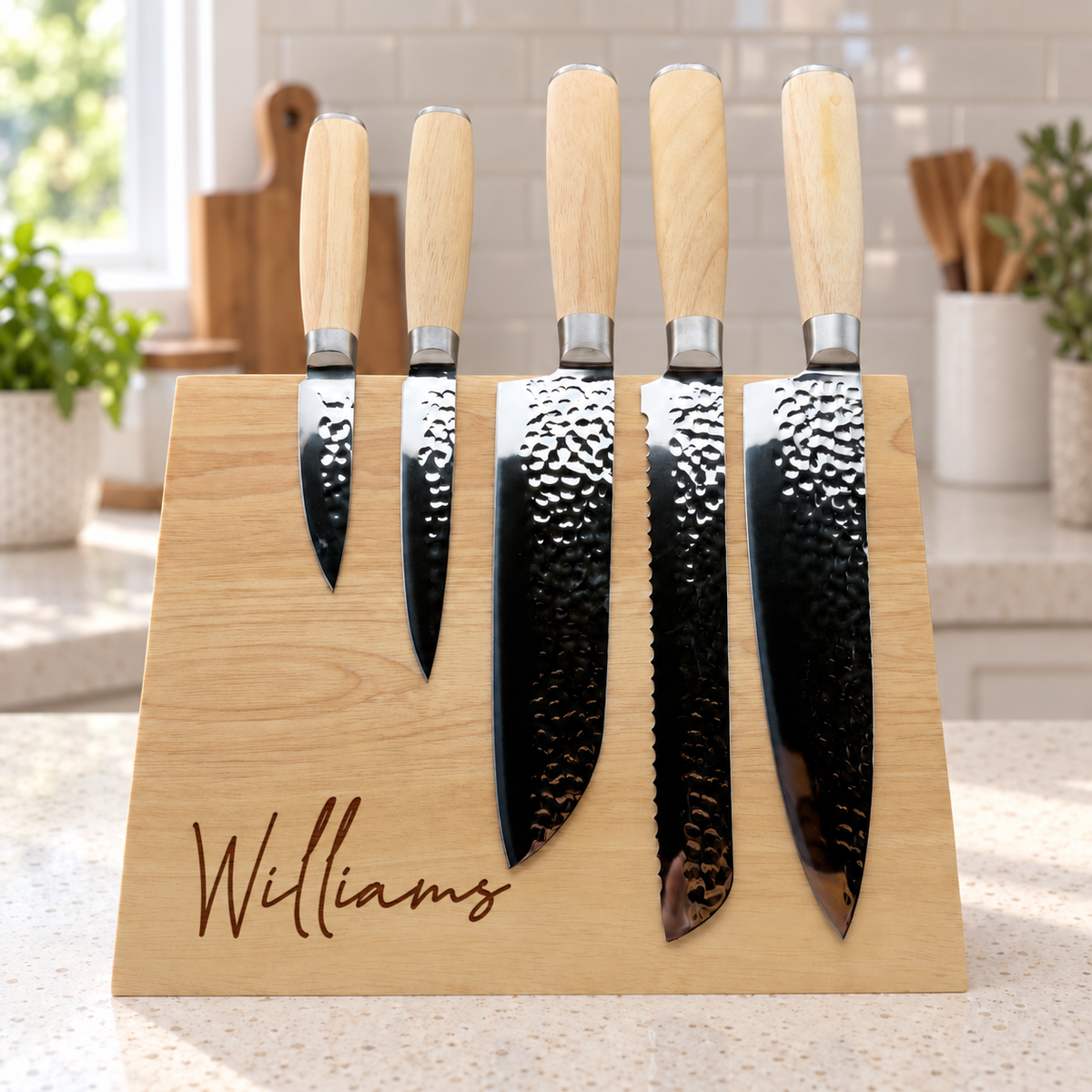 Personalized Kitchen Knife Set with Magnetic Wood Stand | 5 Engraved Knives | Wedding or Housewarming Gift