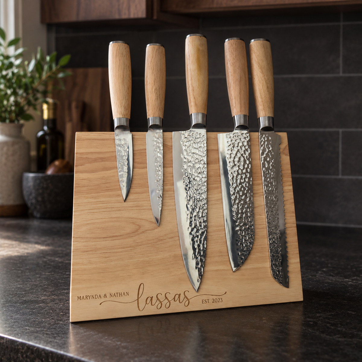 Personalized Kitchen Knife Set with Magnetic Wood Stand | 5 Engraved Knives | Wedding or Housewarming Gift